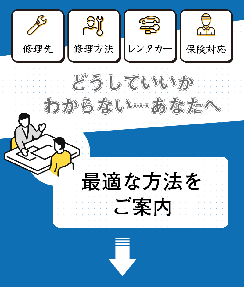 修理先・修理方法・レンタカー・保険対応 どうしたらいいかわからないあなたへ 最適な方法をご案内