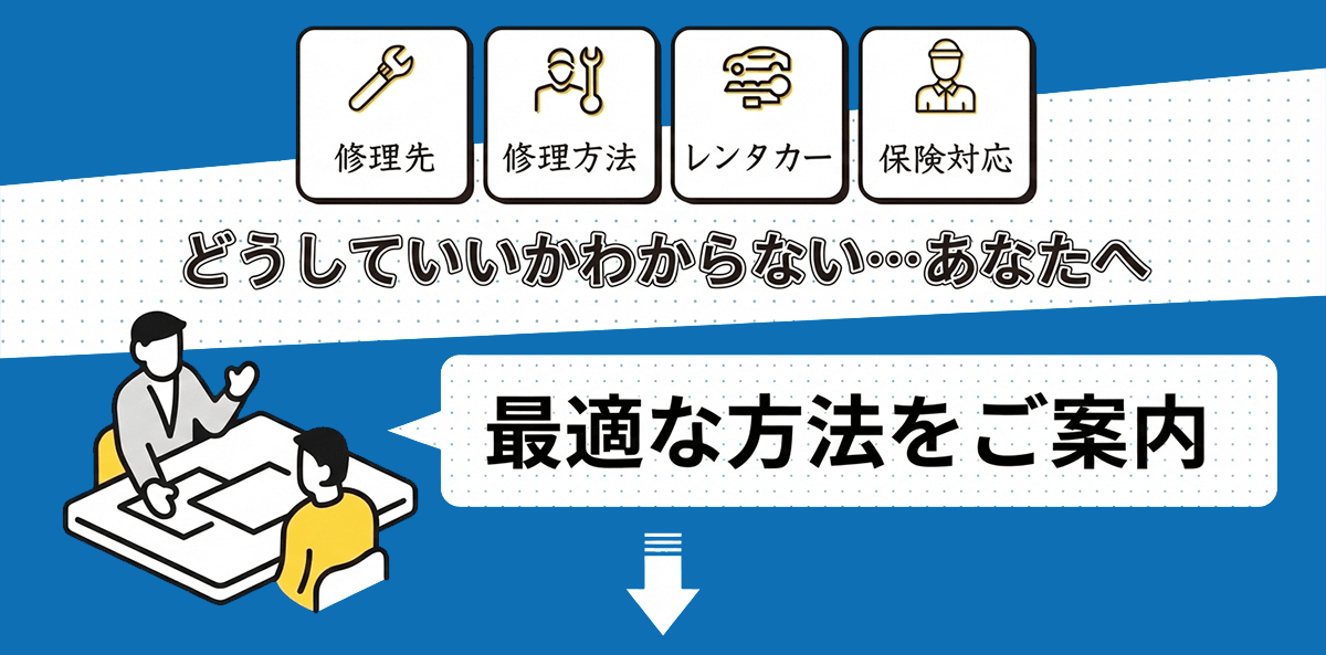 修理先・修理方法・レンタカー・保険対応 どうしたらいいかわからないあなたへ 最適な方法をご案内
